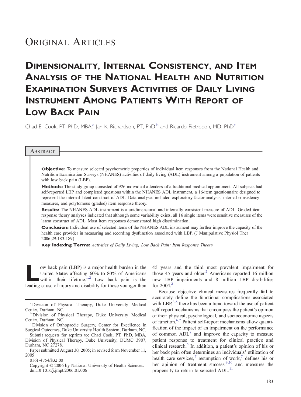 Dimensionality, Internal Consistency, and Item Analysis of the National Health and Nutrition Examination Surveys Activities of Daily Living Instrument Among Patients With Report of Low Back Pain