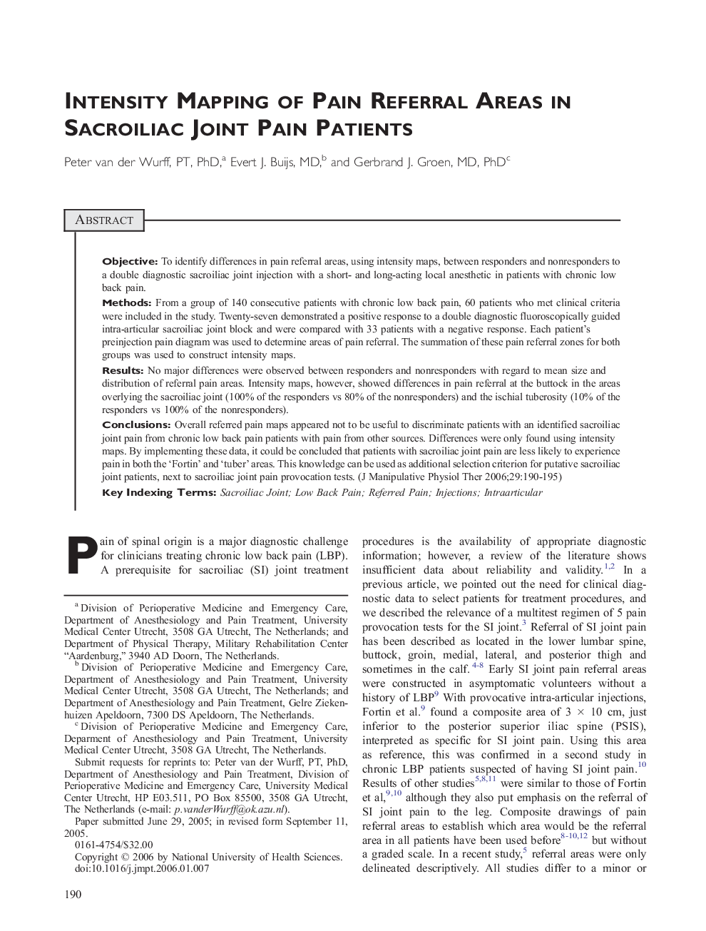 Intensity mapping of pain referral areas in sacroiliac joint pain patients