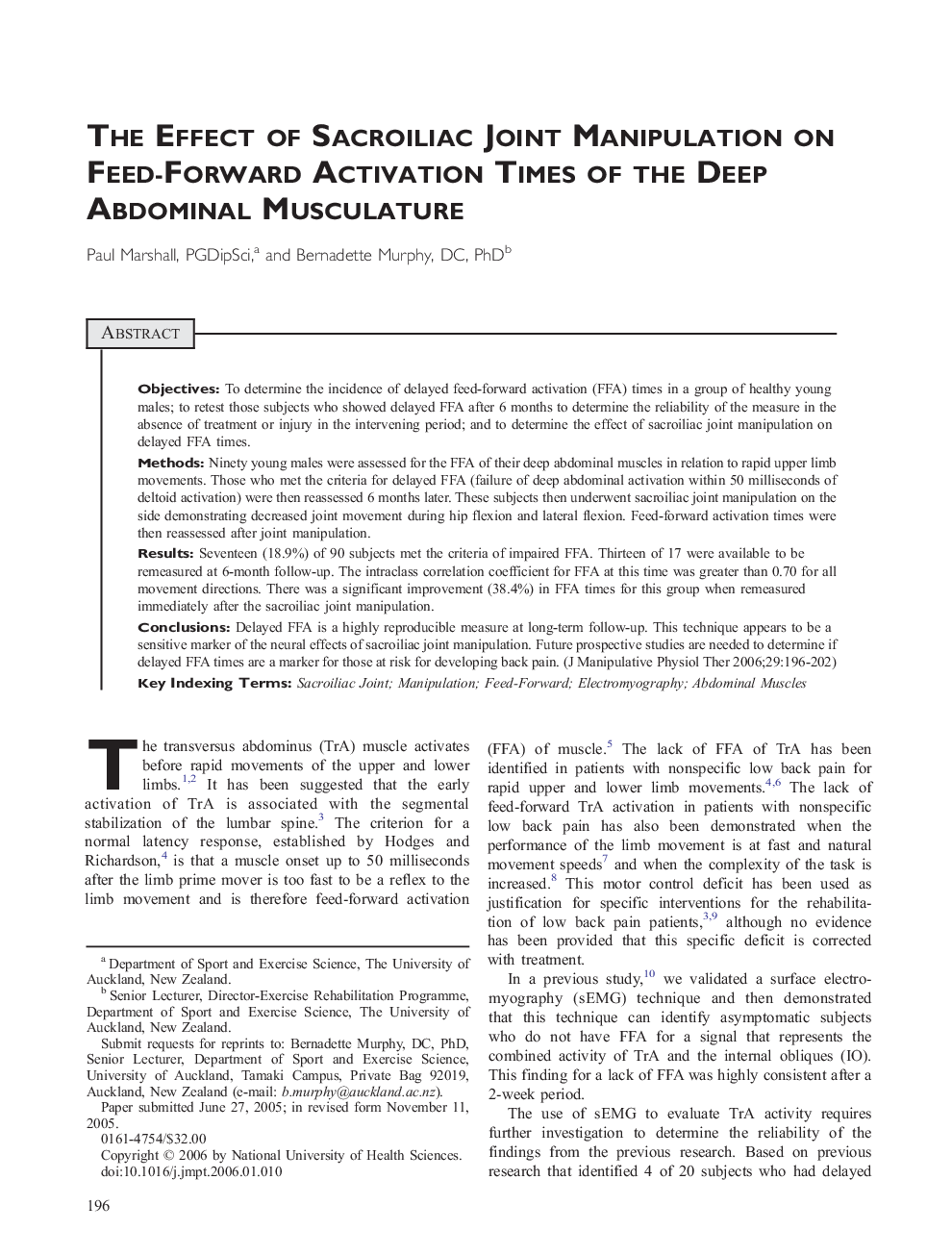 The Effect of Sacroiliac Joint Manipulation on Feed-Forward Activation Times of the Deep Abdominal Musculature