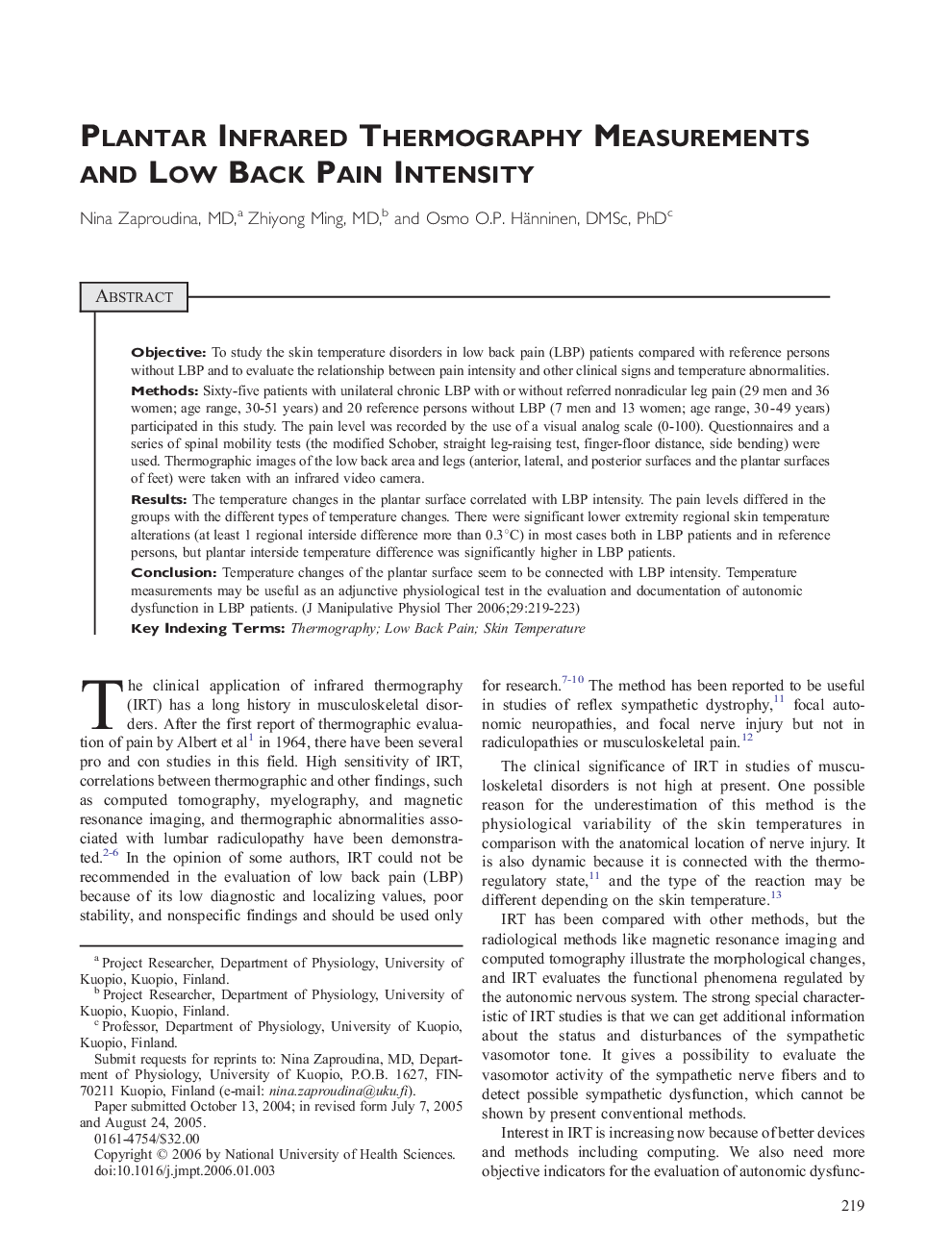 Plantar Infrared Thermography Measurements and Low Back Pain Intensity