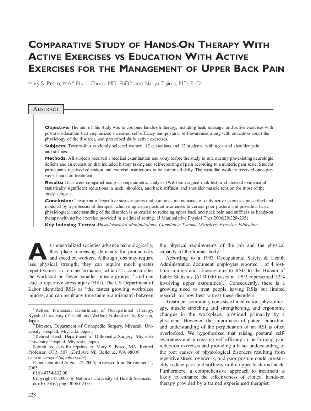 Comparative Study of Hands-On Therapy With Active Exercises vs Education With Active Exercises for the Management of Upper Back Pain