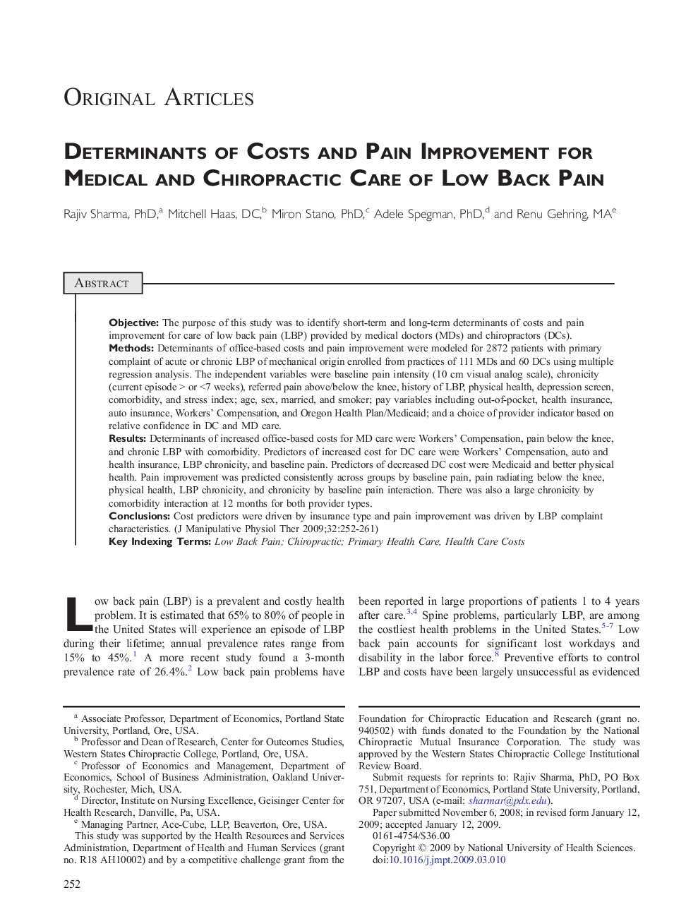 Determinants of Costs and Pain Improvement for Medical and Chiropractic Care of Low Back Pain 