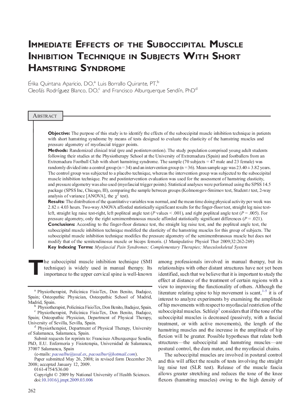 Immediate Effects of the Suboccipital Muscle Inhibition Technique in Subjects With Short Hamstring Syndrome