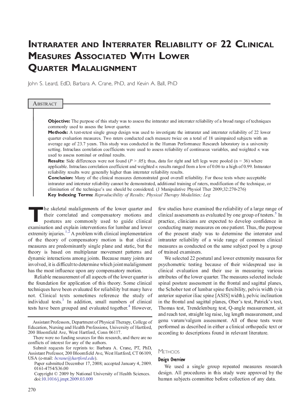 Intrarater and Interrater Reliability of 22 Clinical Measures Associated With Lower Quarter Malalignment