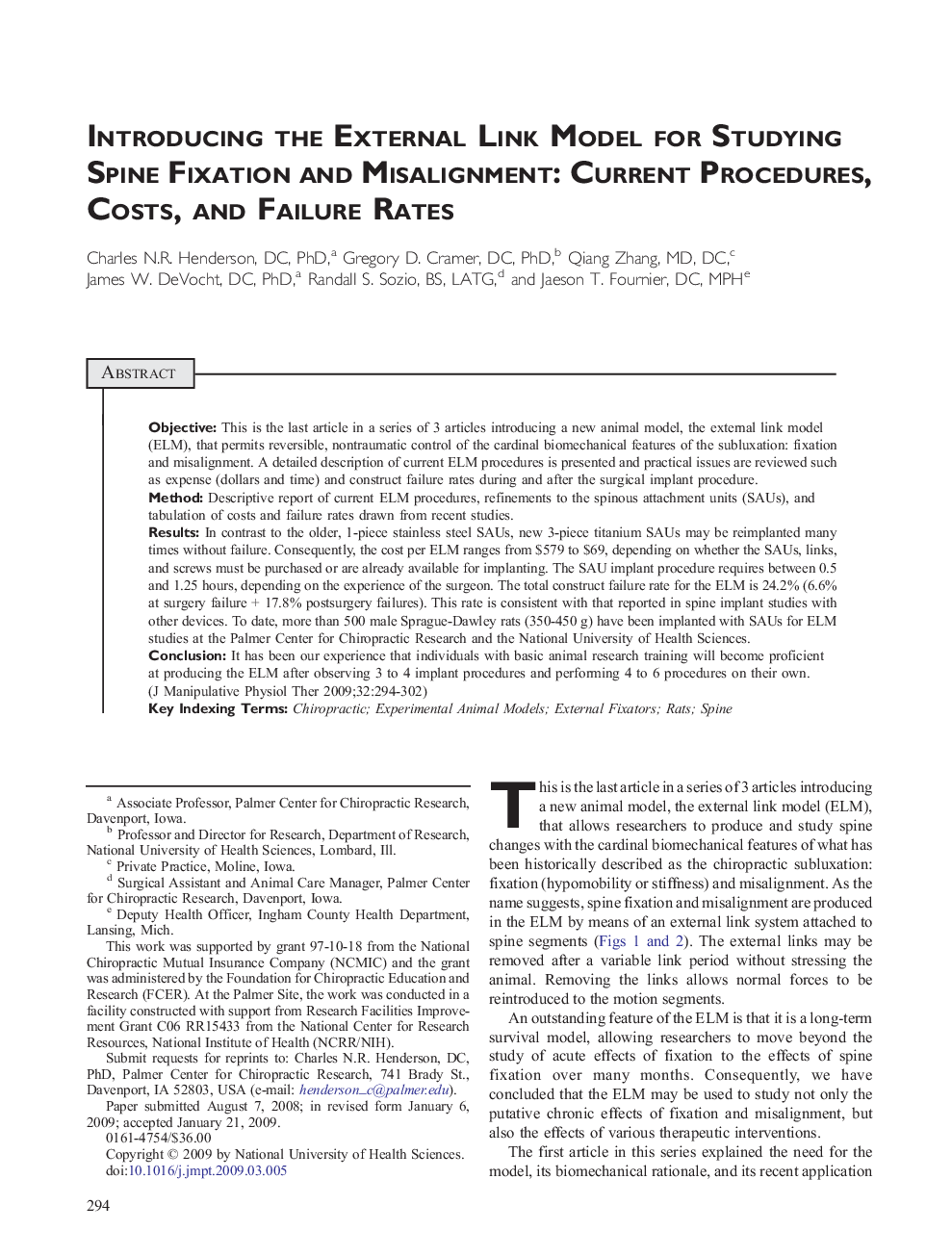 Introducing the External Link Model for Studying Spine Fixation and Misalignment: Current Procedures, Costs, and Failure Rates 