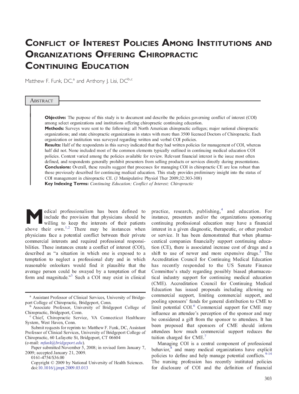 Conflict of Interest Policies Among Institutions and Organizations Offering Chiropractic Continuing Education