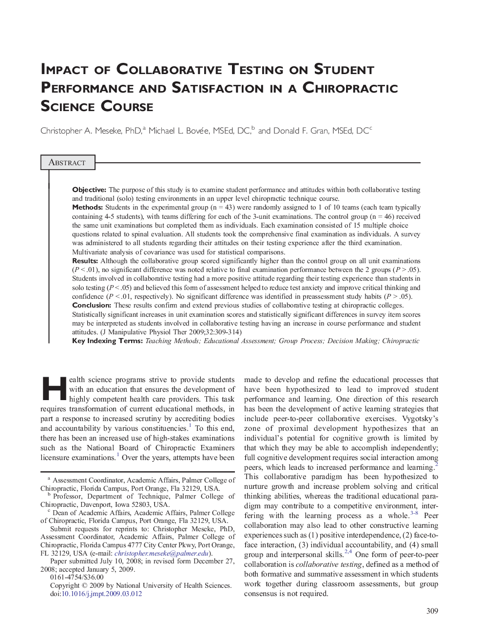 Impact of Collaborative Testing on Student Performance and Satisfaction in a Chiropractic Science Course