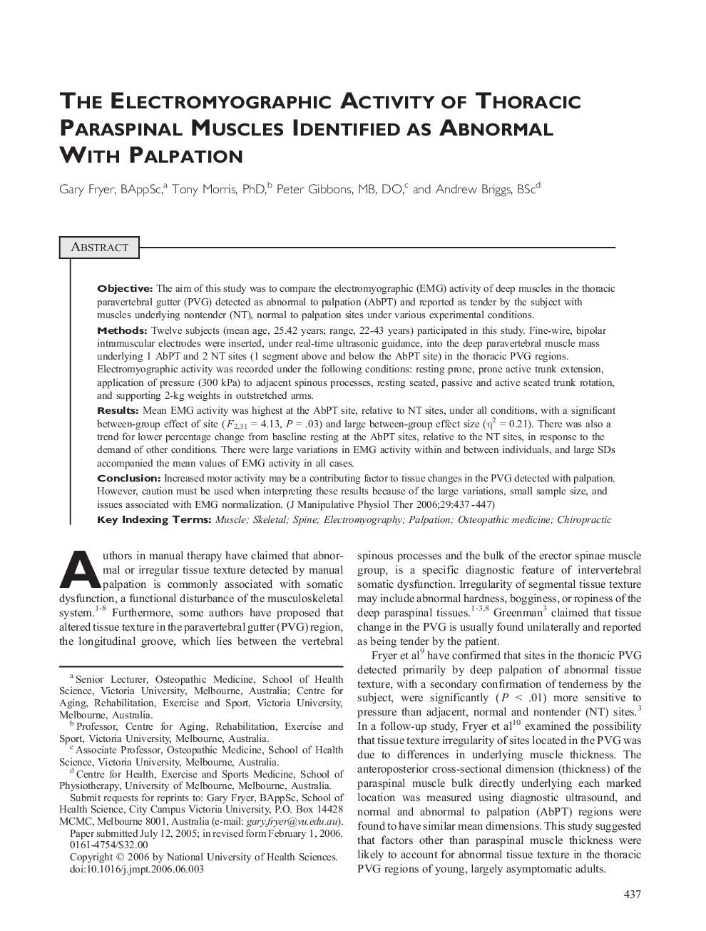 The Electromyographic Activity of Thoracic Paraspinal Muscles Identified as Abnormal With Palpation