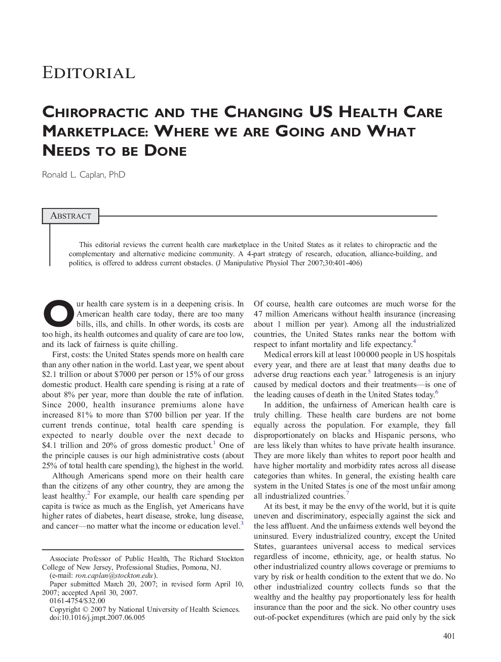 Chiropractic and the Changing US Health Care Marketplace: Where We are Going and What Needs to be Done