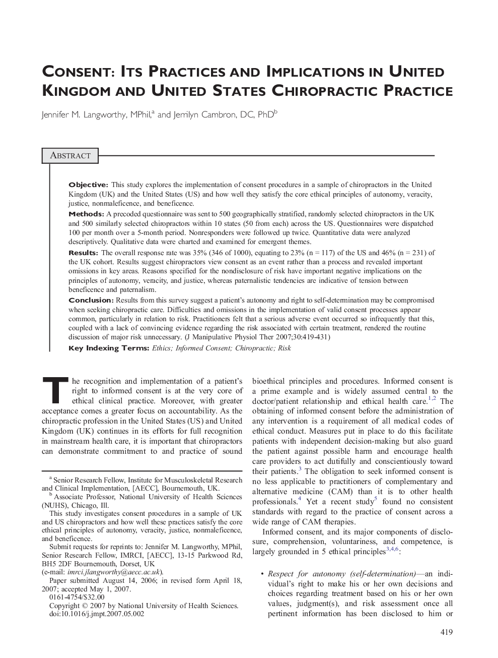 Consent: Its Practices and Implications in United Kingdom and United States Chiropractic Practice 