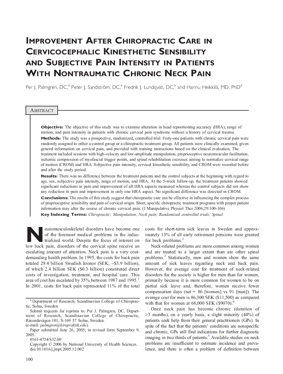 Improvement After Chiropractic Care in Cervicocephalic Kinesthetic Sensibility and Subjective Pain Intensity in Patients with Nontraumatic Chronic Neck Pain