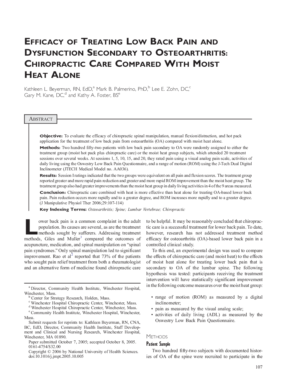 Efficacy of Treating Low Back Pain and Dysfunction Secondary to Osteoarthritis: Chiropractic Care Compared With Moist Heat Alone