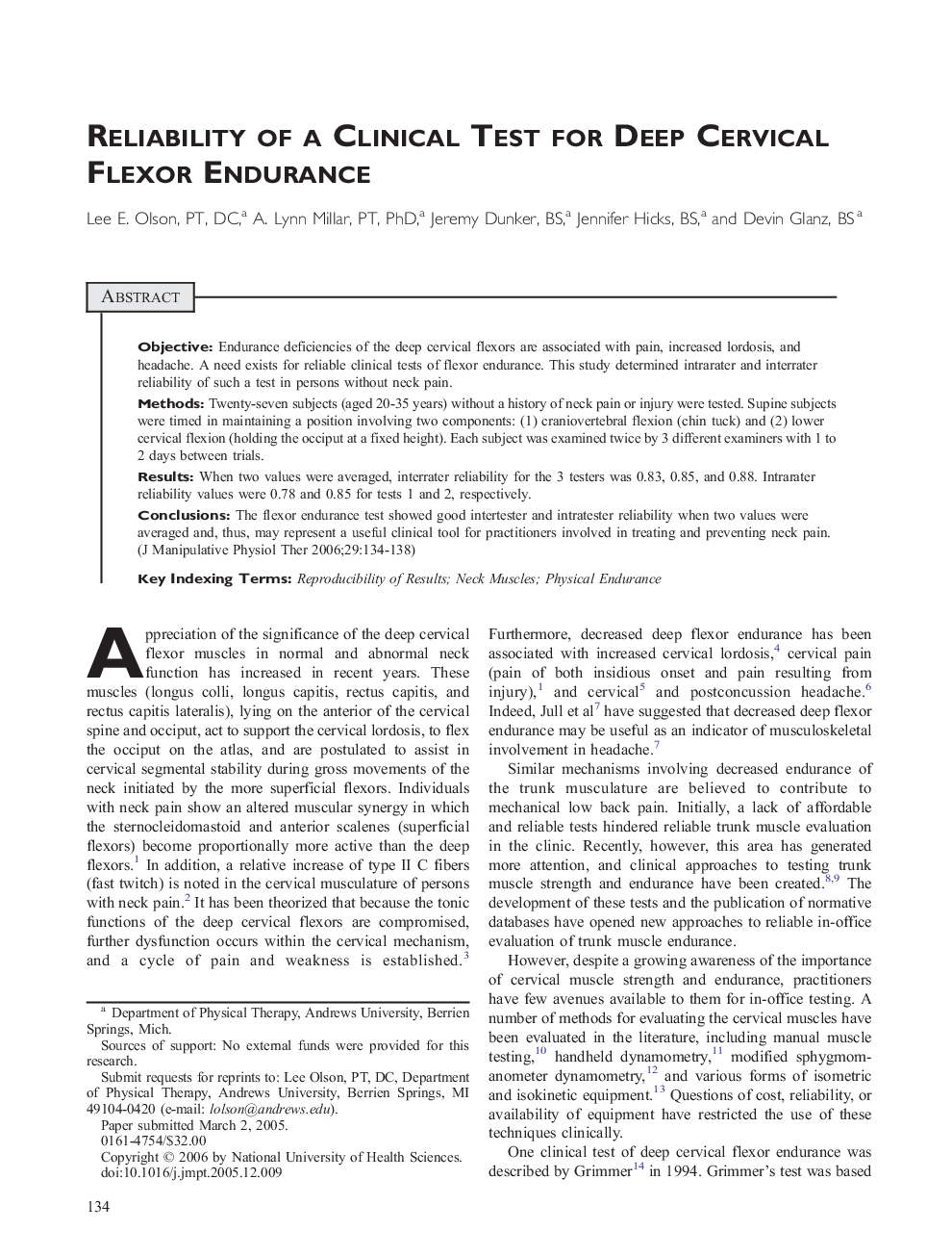 Reliability of a Clinical Test for Deep Cervical Flexor Endurance 