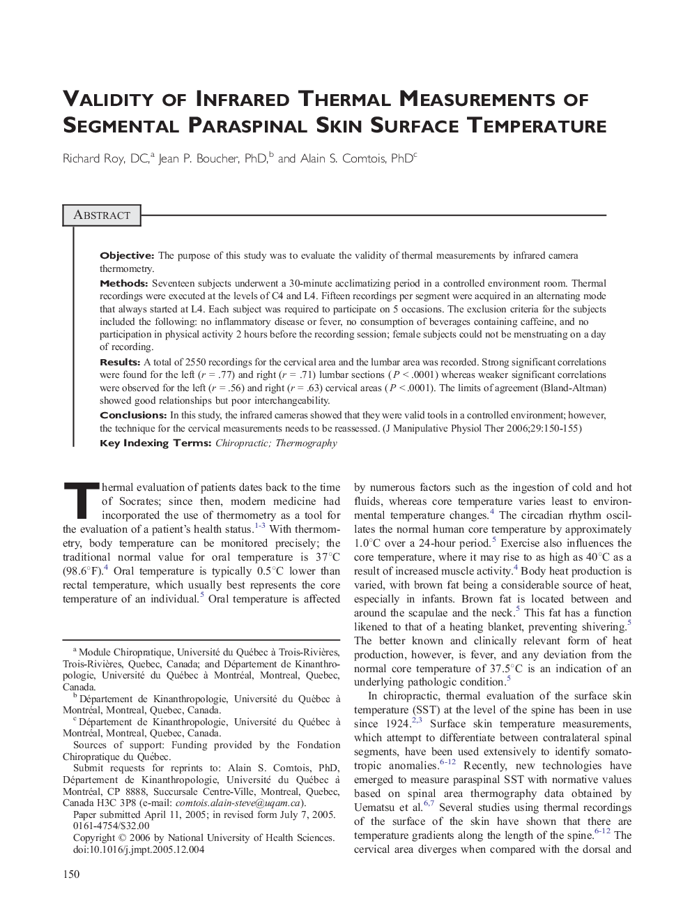 Validity of Infrared Thermal Measurements of Segmental Paraspinal Skin Surface Temperature 