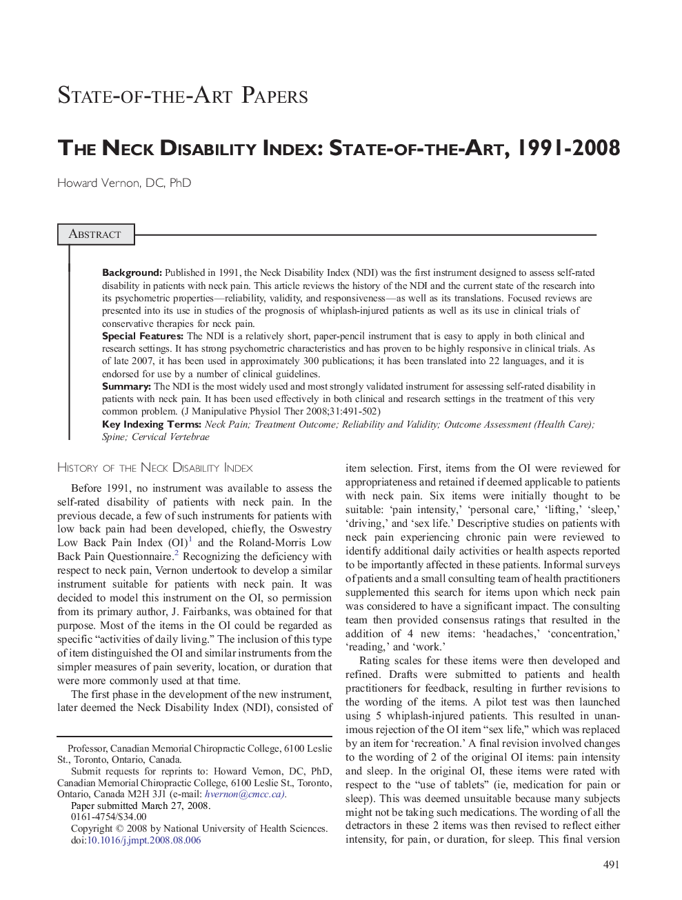 The Neck Disability Index: State-of-the-Art, 1991-2008