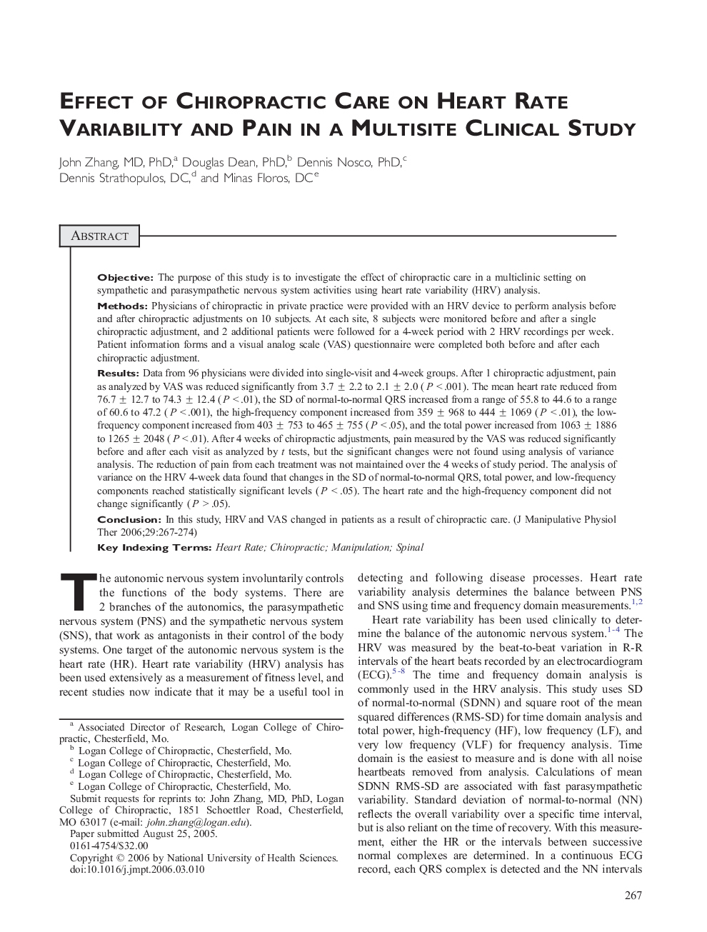 Effect of Chiropractic Care on Heart Rate Variability and Pain in a Multisite Clinical Study