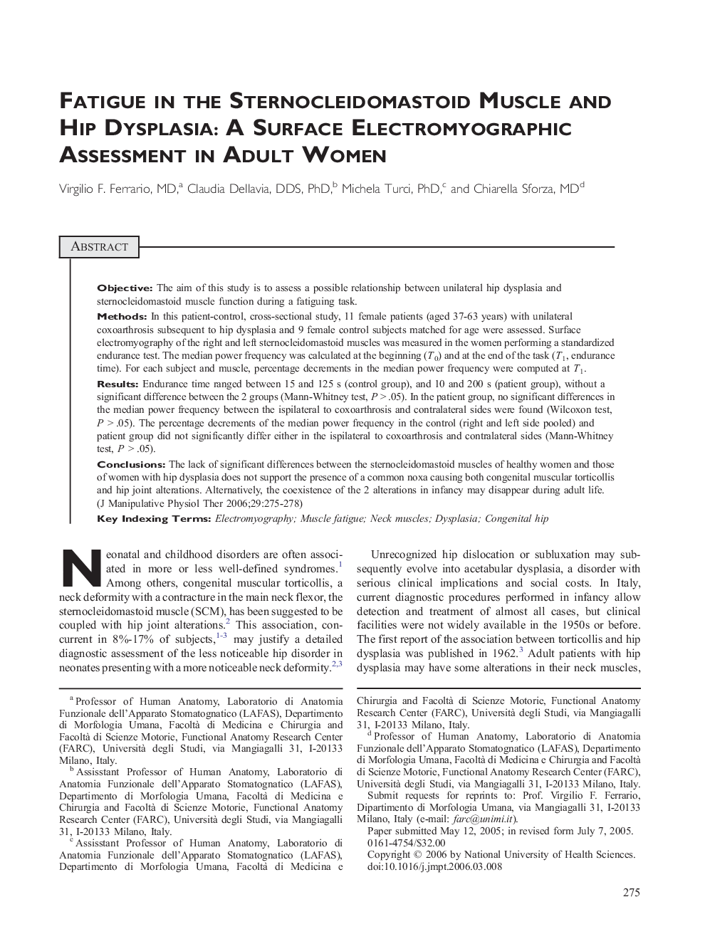 Fatigue in the Sternocleidomastoid Muscle and Hip Dysplasia: A Surface Electromyographic Assessment in Adult Women