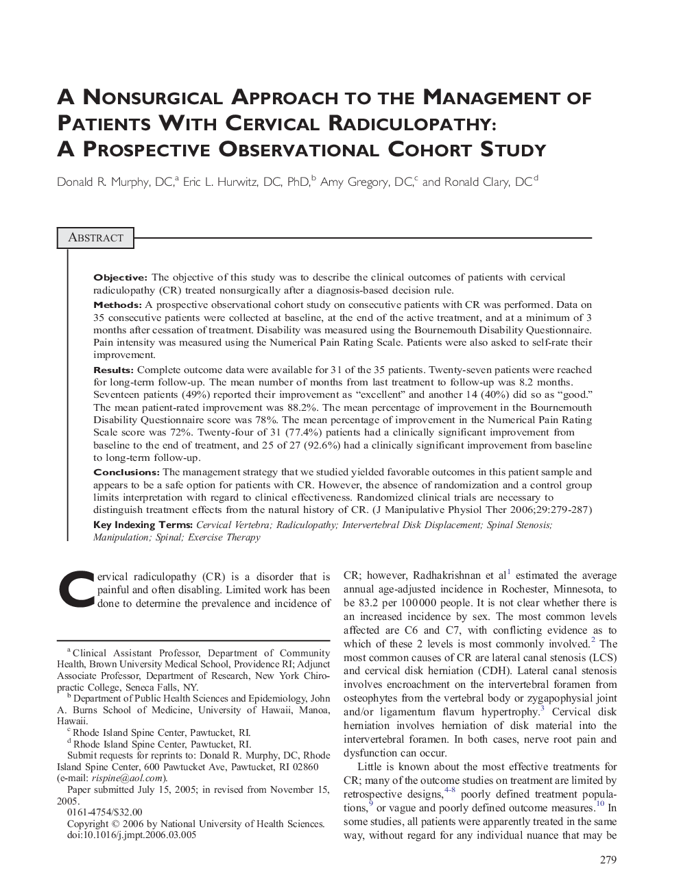 A Nonsurgical Approach to the Management of Patients With Cervical Radiculopathy: A Prospective Observational Cohort Study