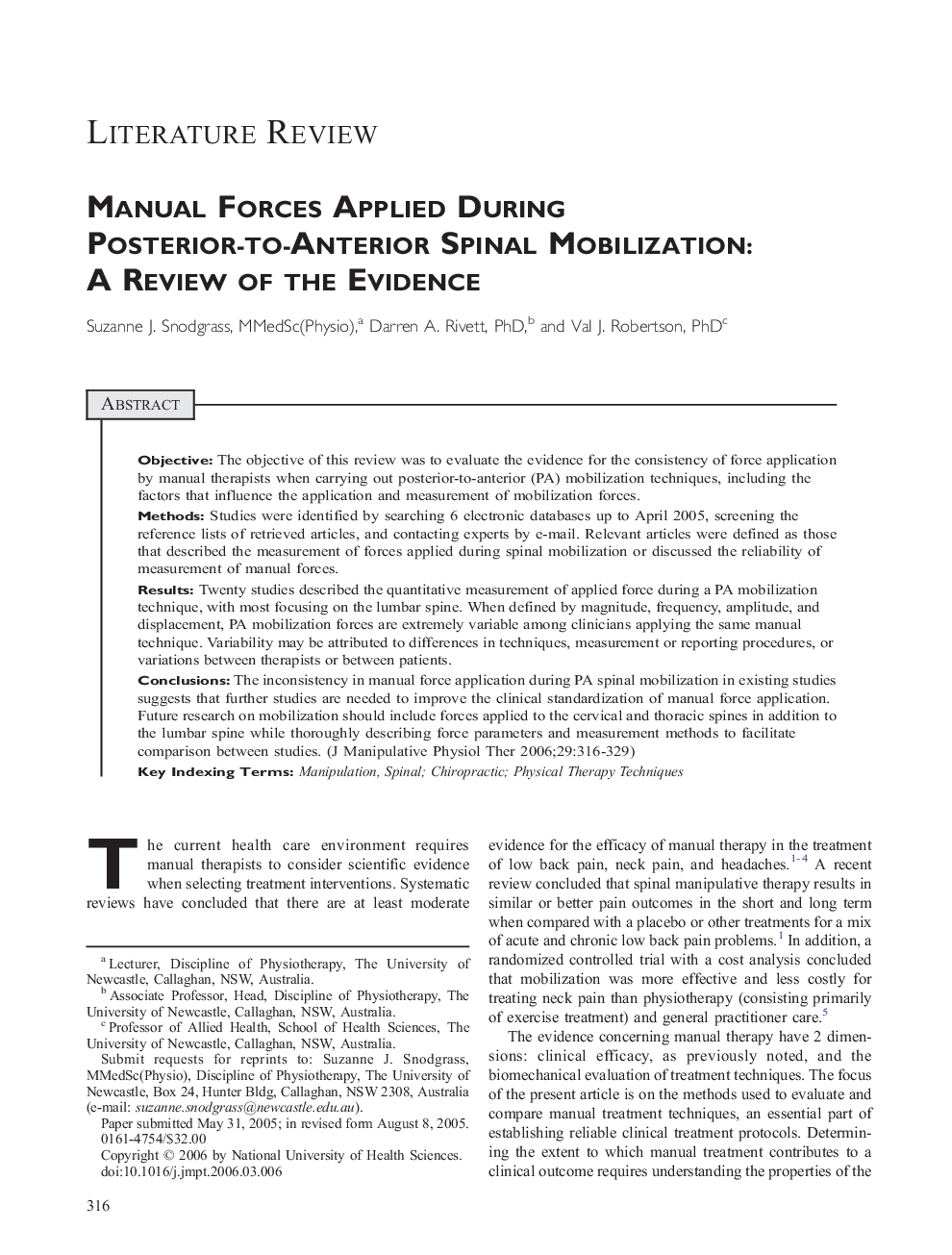 Manual Forces Applied During Posterior-to-Anterior Spinal Mobilization: A Review of the Evidence