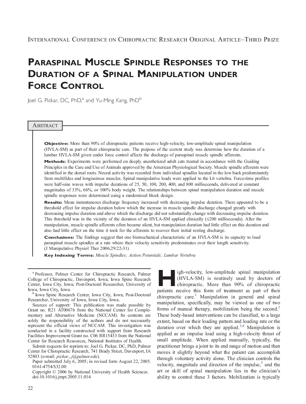 Paraspinal Muscle Spindle Responses to the Duration of A Spinal Manipulation Under Force Control 