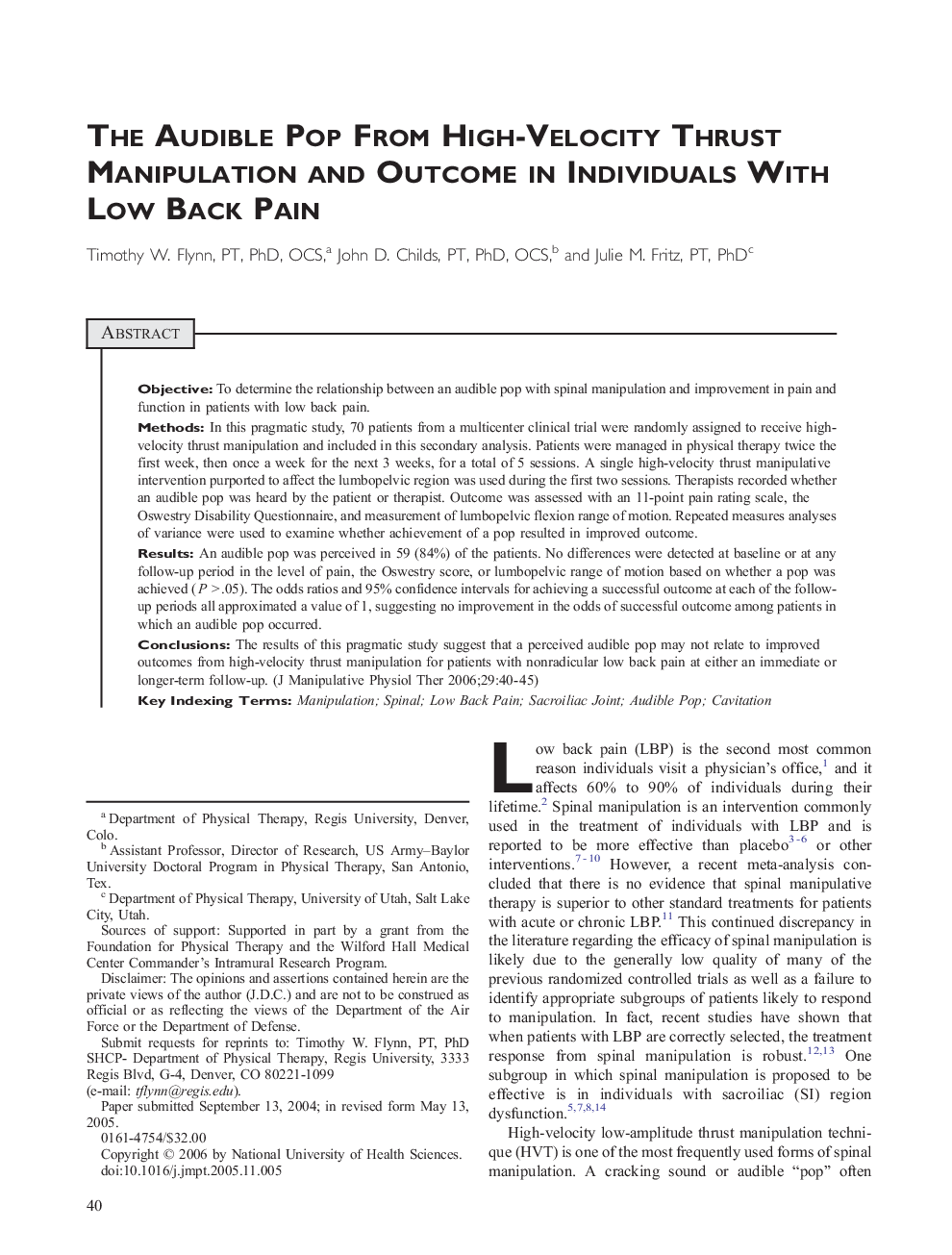 The Audible Pop From High-Velocity Thrust Manipulation and Outcome in Individuals With Low Back Pain 