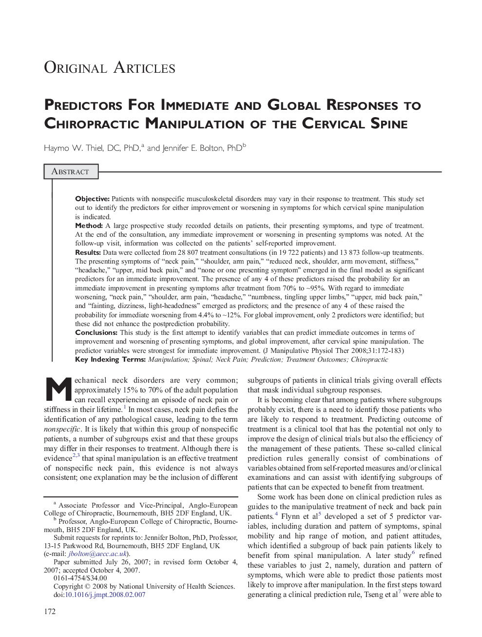 Predictors For Immediate and Global Responses to Chiropractic Manipulation of the Cervical Spine