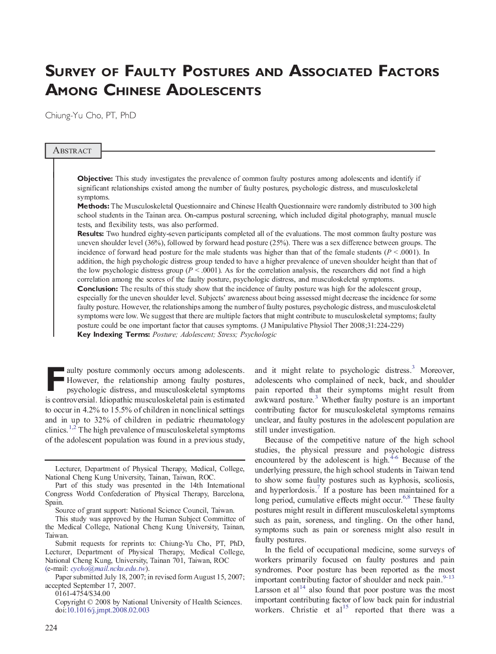 Survey of Faulty Postures and Associated Factors Among Chinese Adolescents 