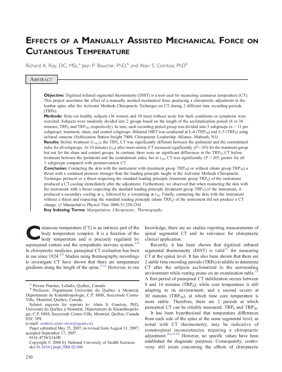 Effects of a Manually Assisted Mechanical Force on Cutaneous Temperature