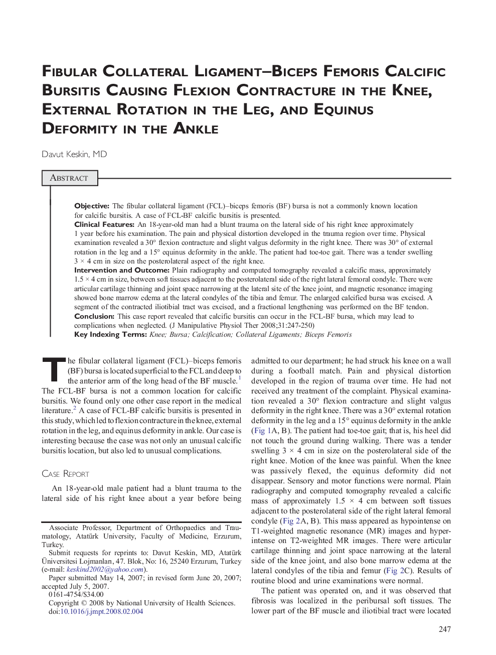 Fibular Collateral Ligament–Biceps Femoris Calcific Bursitis Causing Flexion Contracture in the Knee, External Rotation in the Leg, and Equinus Deformity in the Ankle