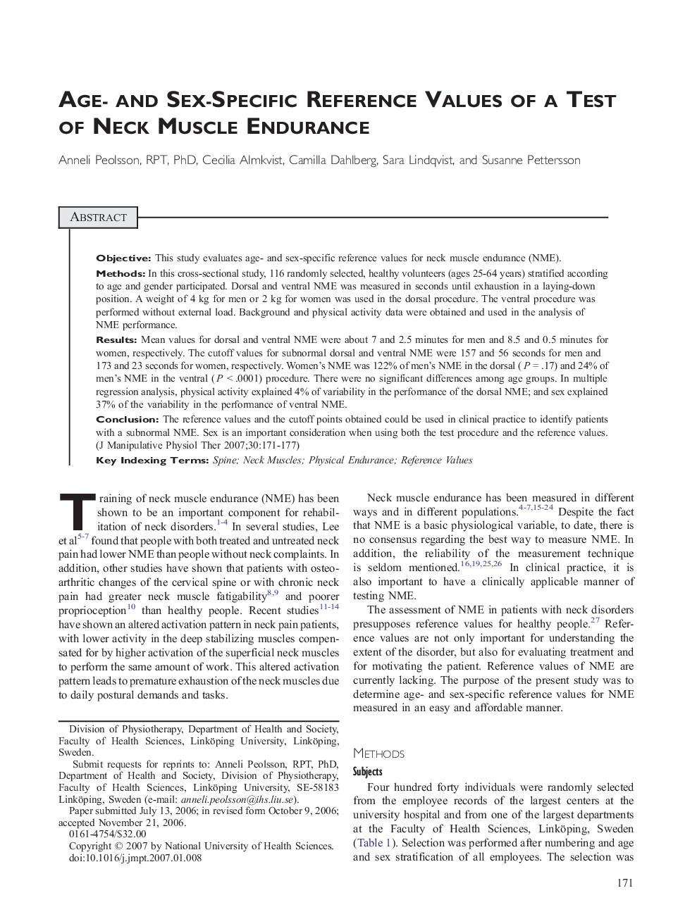 Age- and Sex-Specific Reference Values of a Test of Neck Muscle Endurance