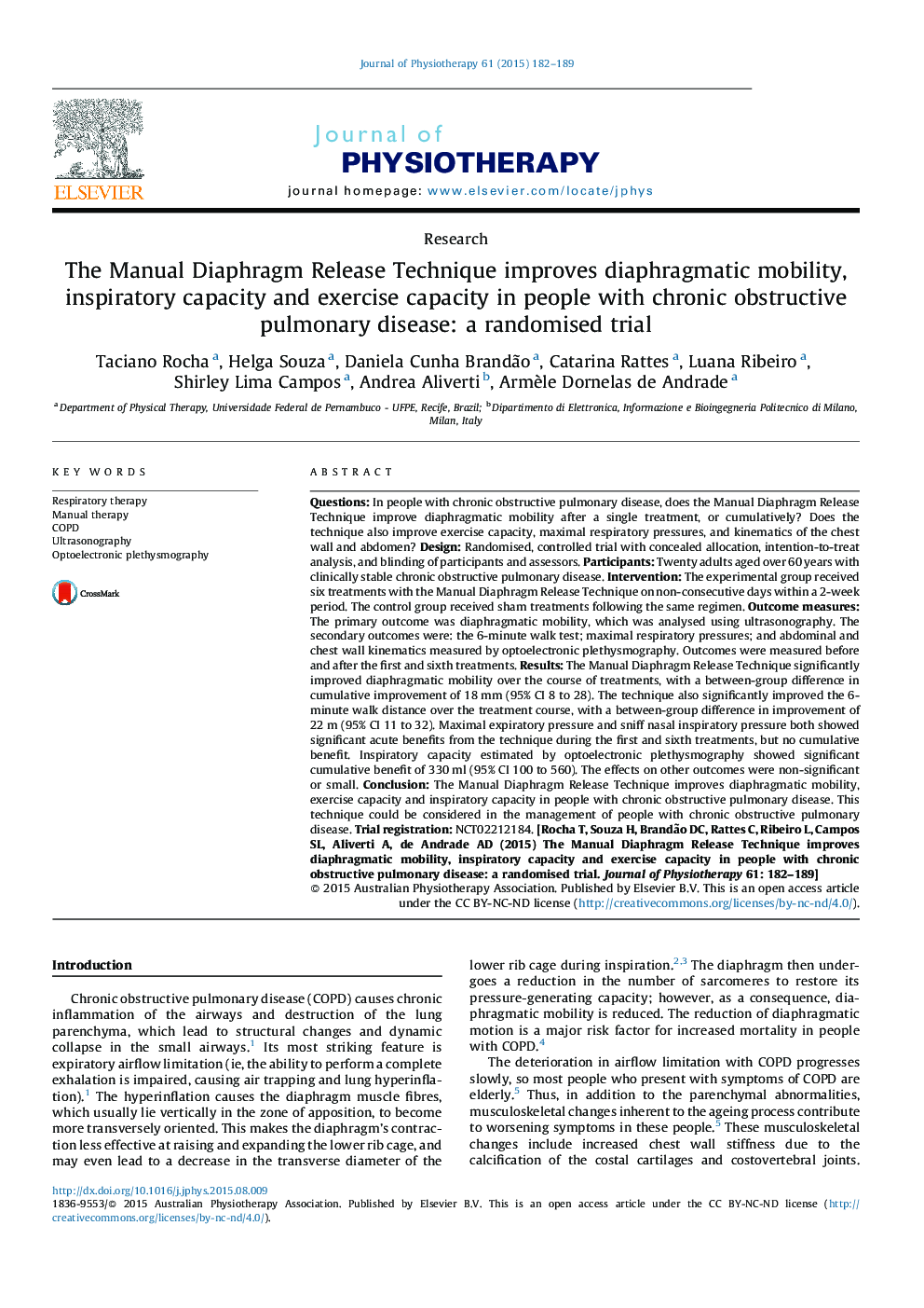 The Manual Diaphragm Release Technique improves diaphragmatic mobility, inspiratory capacity and exercise capacity in people with chronic obstructive pulmonary disease: a randomised trial