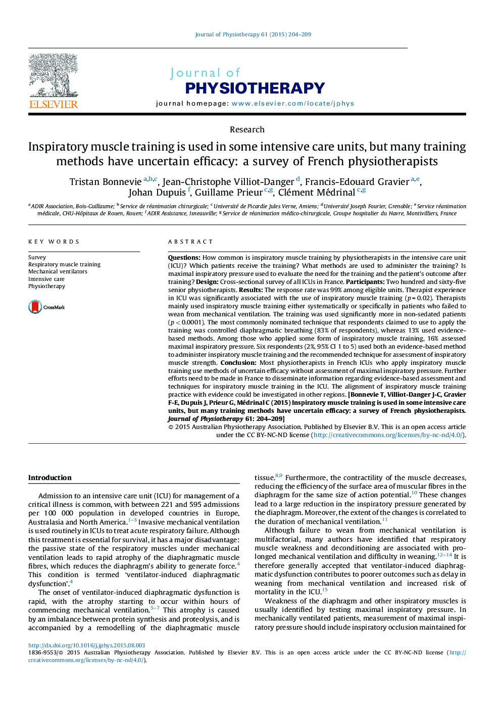 Inspiratory muscle training is used in some intensive care units, but many training methods have uncertain efficacy: a survey of French physiotherapists