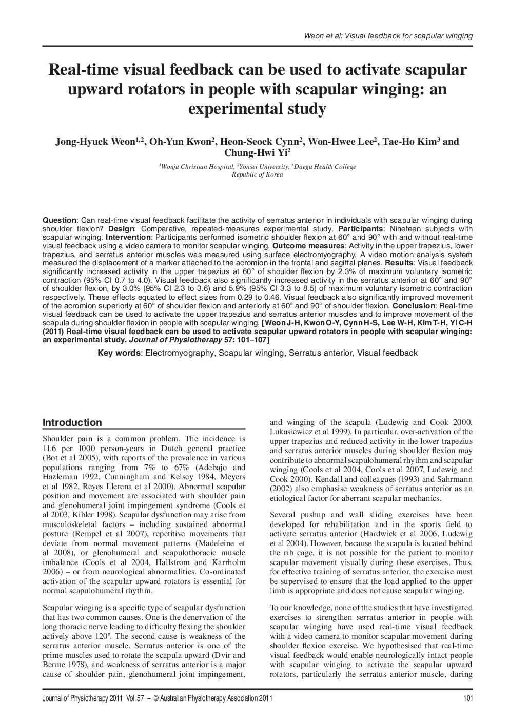 Real-time visual feedback can be used to activate scapular upward rotators in people with scapular winging: an experimental study