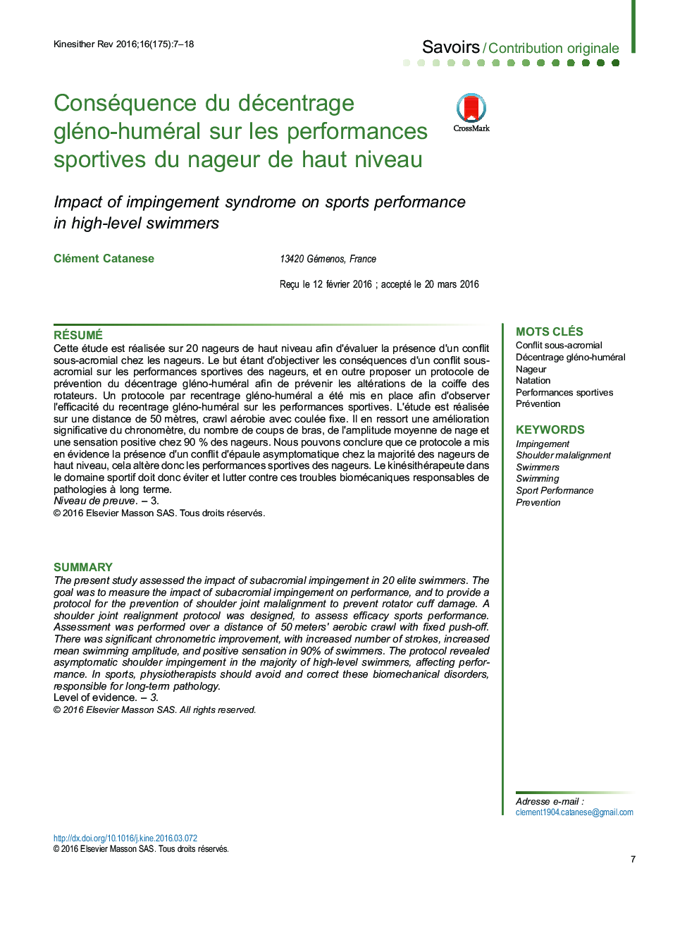 Conséquence du décentrage gléno-huméral sur les performances sportives du nageur de haut niveau