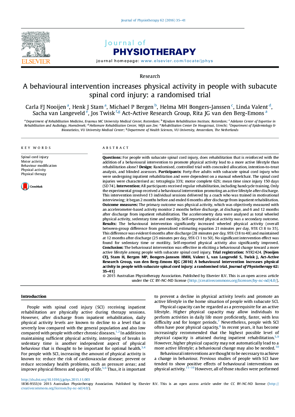 A behavioural intervention increases physical activity in people with subacute spinal cord injury: a randomised trial