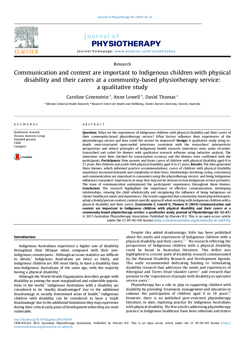 Communication and context are important to Indigenous children with physical disability and their carers at a community-based physiotherapy service: a qualitative study