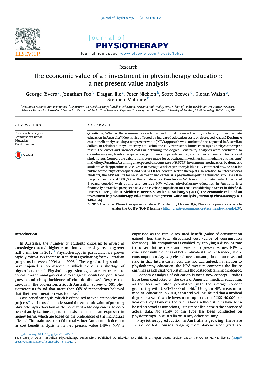 The economic value of an investment in physiotherapy education: a net present value analysis