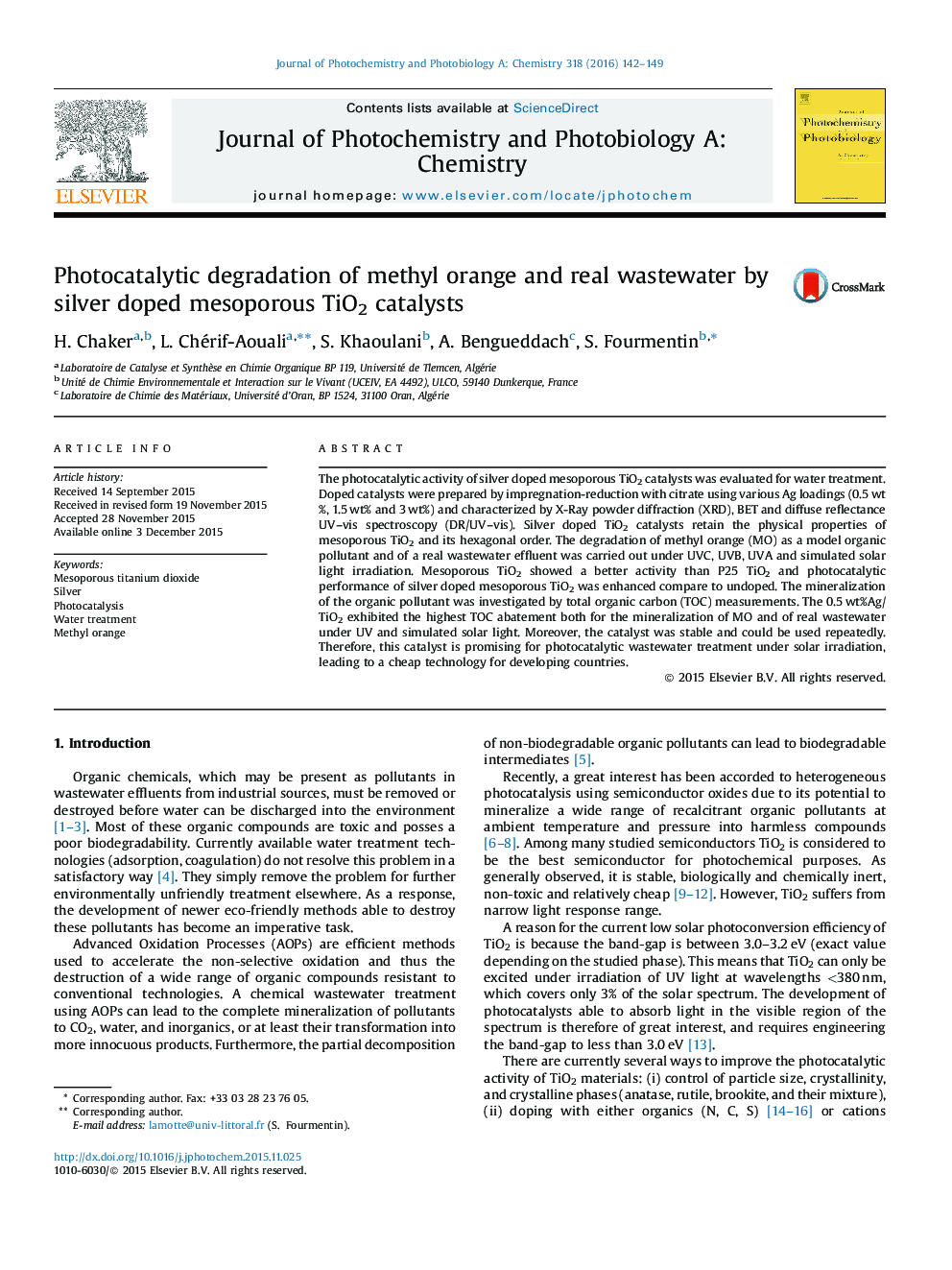 Photocatalytic degradation of methyl orange and real wastewater by silver doped mesoporous TiO2 catalysts