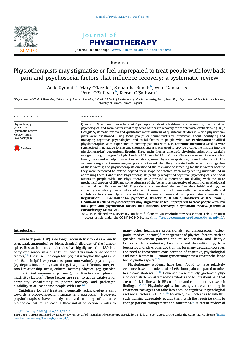 Physiotherapists may stigmatise or feel unprepared to treat people with low back pain and psychosocial factors that influence recovery: a systematic review