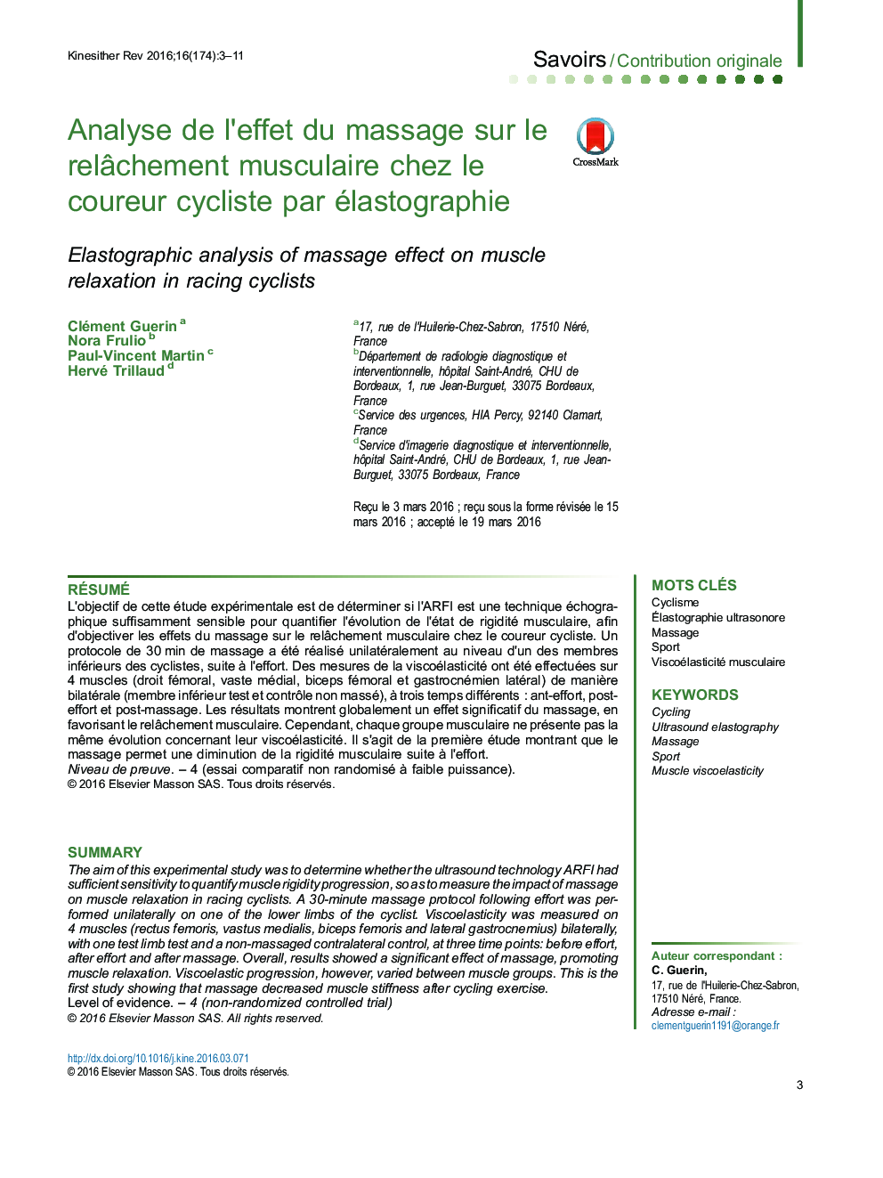 Analyse de l’effet du massage sur le relâchement musculaire chez le coureur cycliste par élastographie