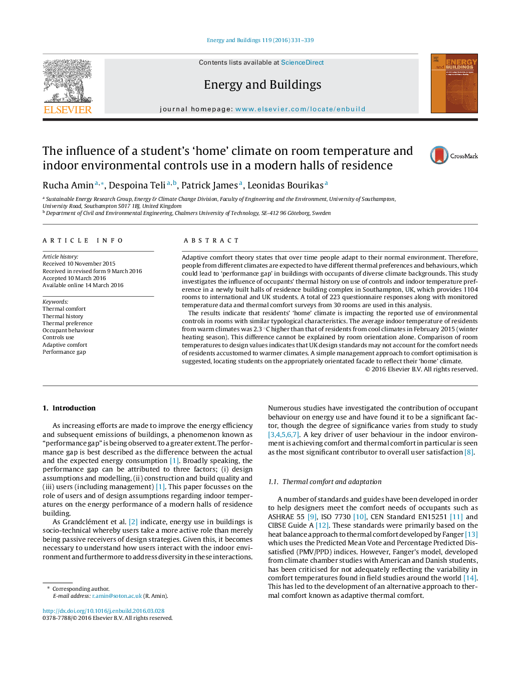 The influence of a student’s ‘home’ climate on room temperature and indoor environmental controls use in a modern halls of residence