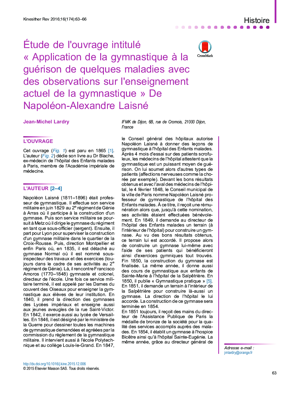 Ãtude de l'ouvrage intitulé Â«Â Application de la gymnastique Ã  la guérison de quelques maladies avec des observations sur l'enseignement actuel de la gymnastiqueÂ Â» De Napoléon-Alexandre Laisné