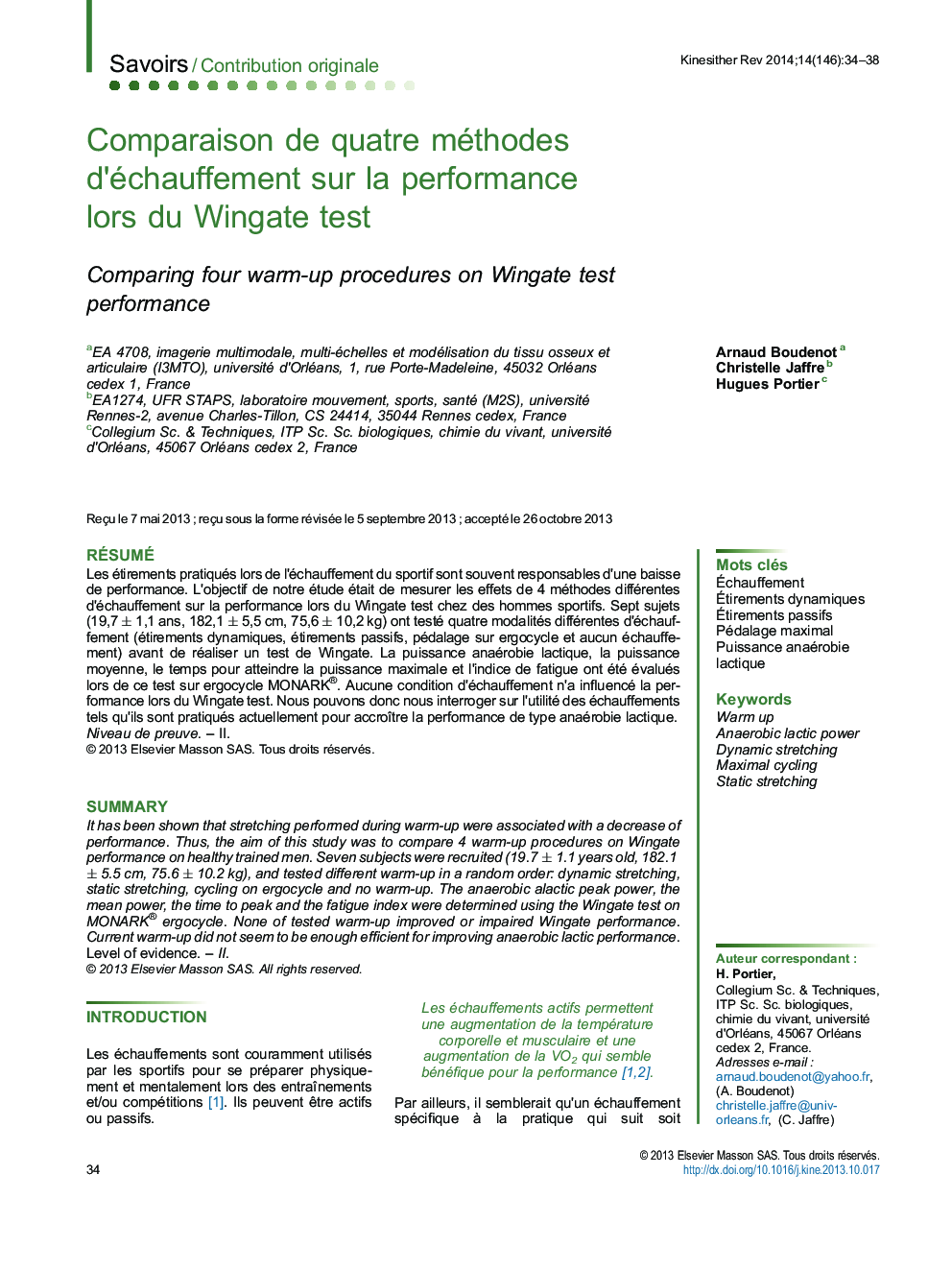 Comparaison de quatre méthodes d’échauffement sur la performance lors du Wingate test