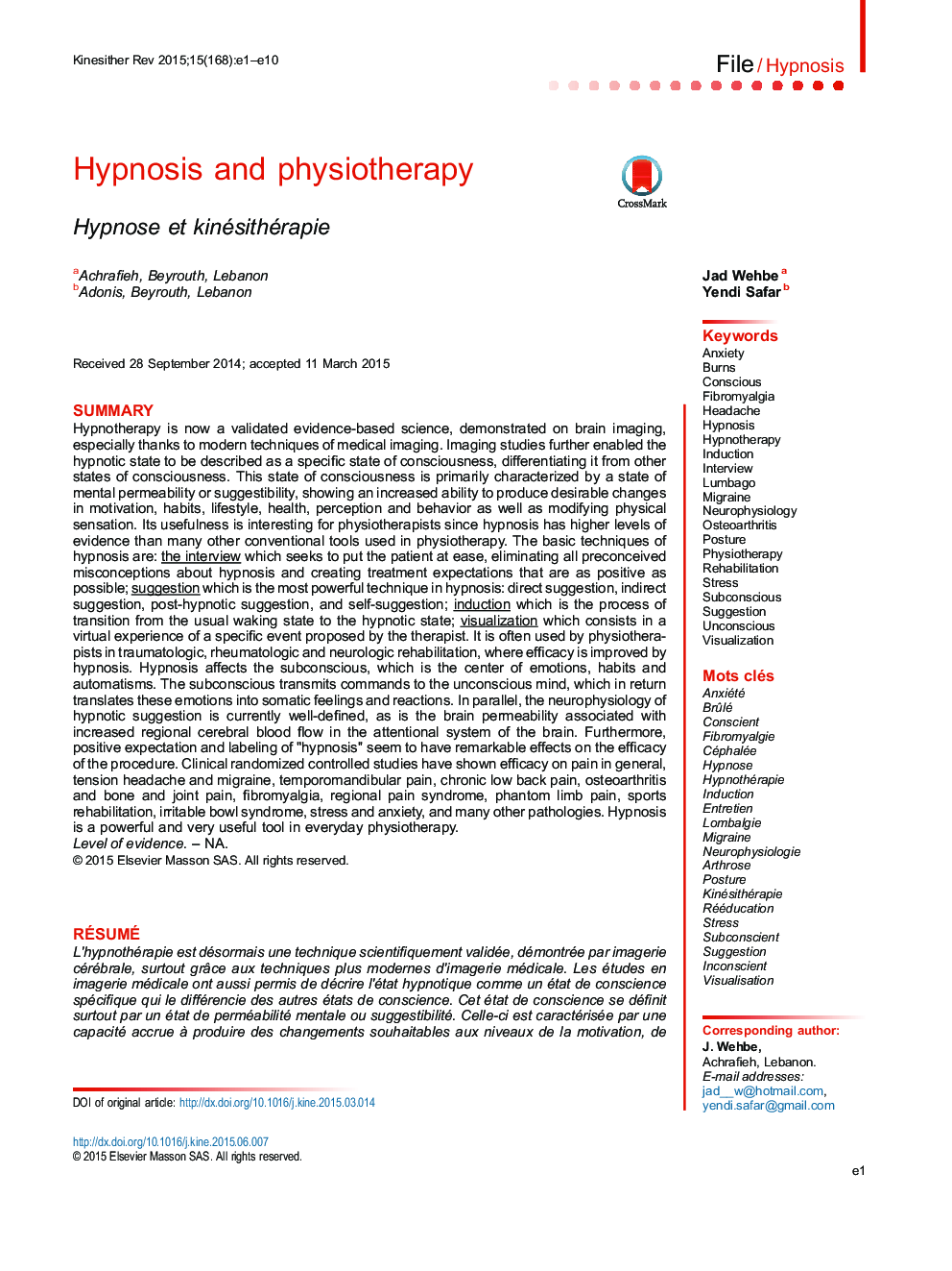 Hypnosis and physiotherapy