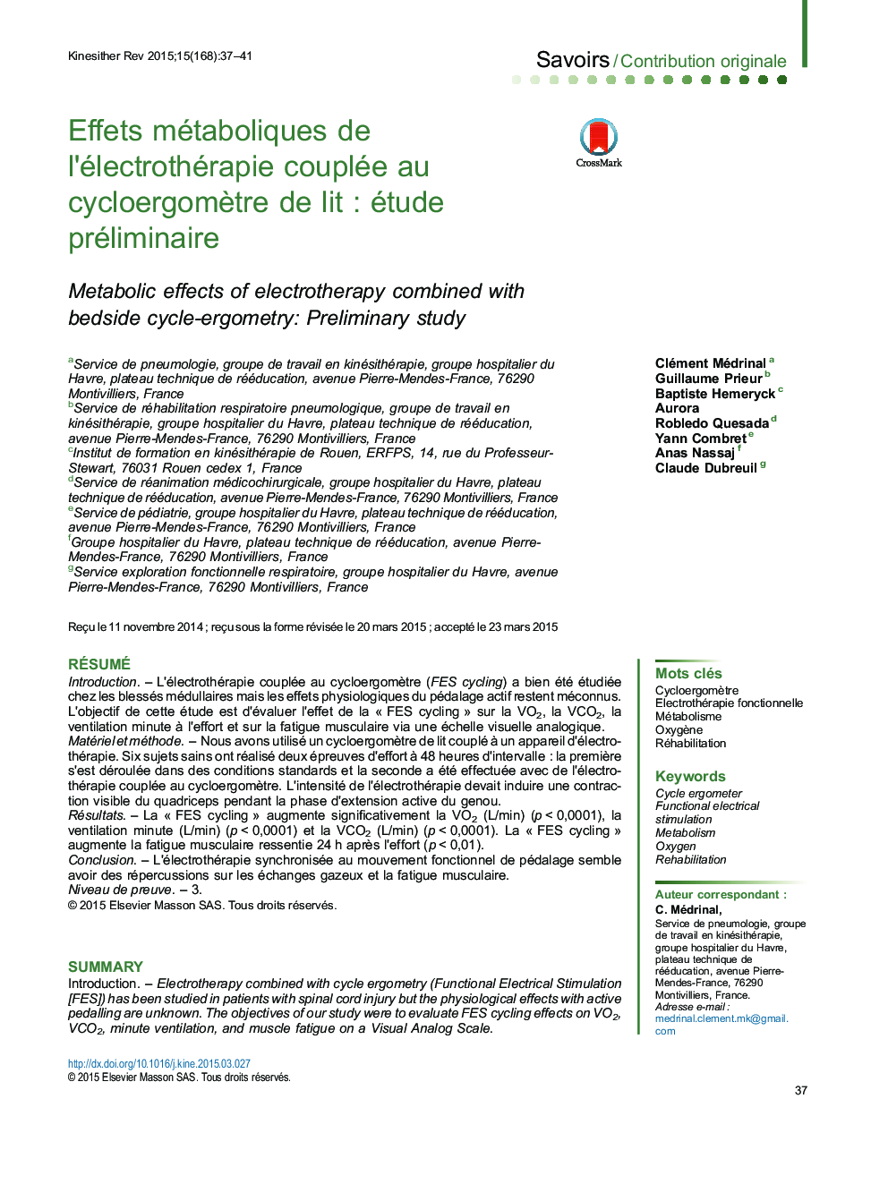 Effets métaboliques de l’électrothérapie couplée au cycloergomètre de lit : étude préliminaire