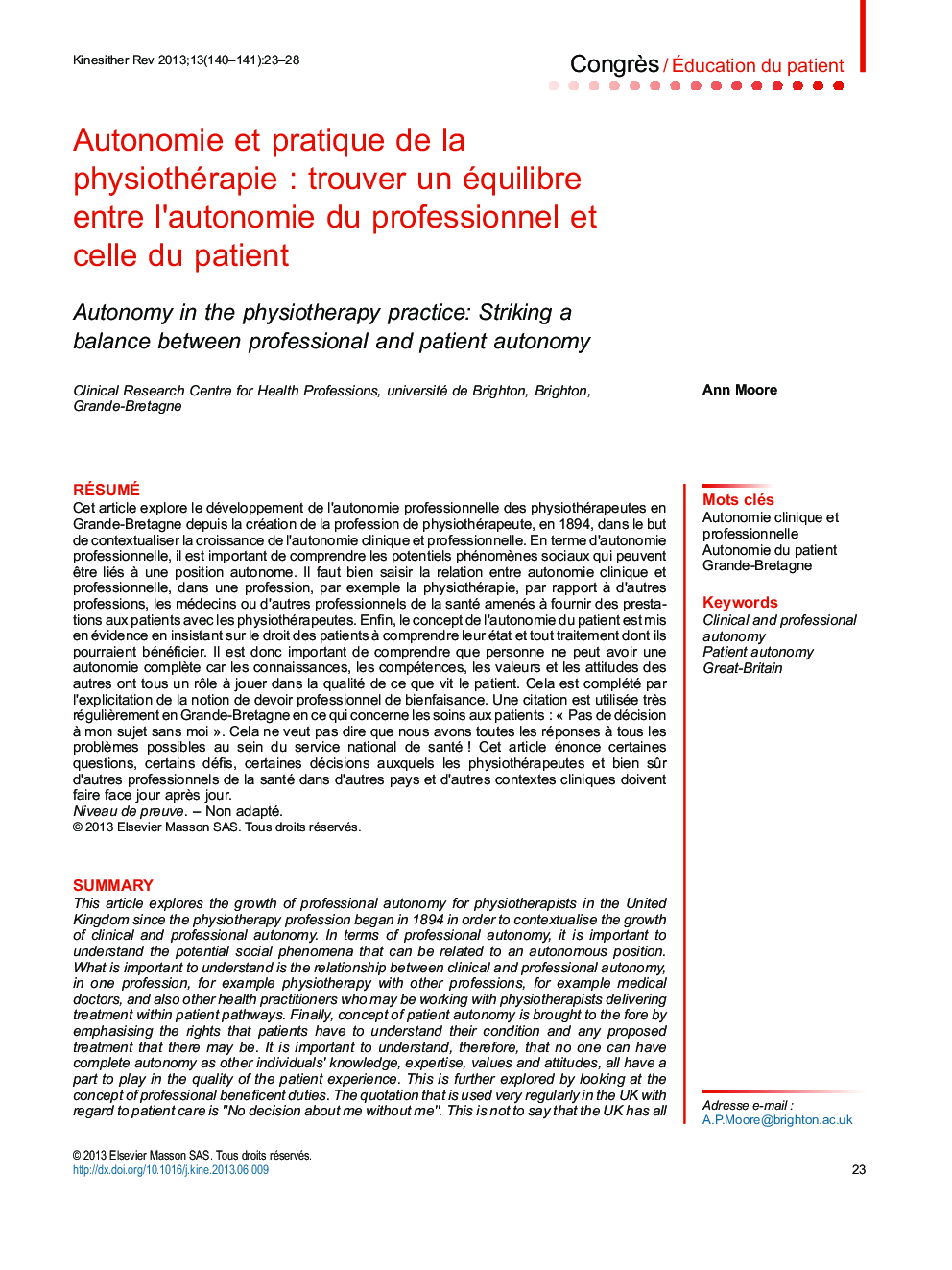 Autonomie et pratique de la physiothérapie : trouver un équilibre entre l’autonomie du professionnel et celle du patient