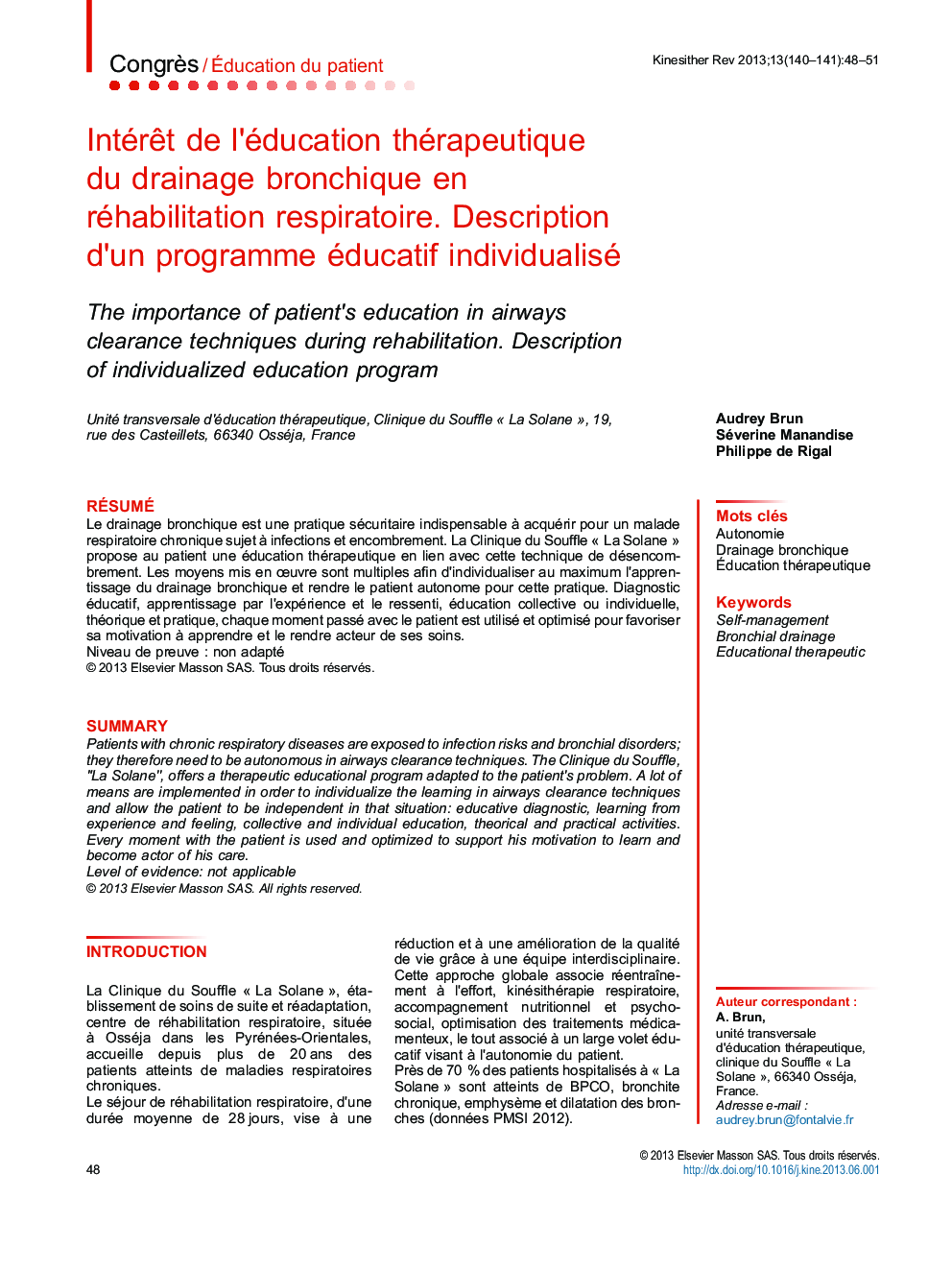 Intérêt de l’éducation thérapeutique du drainage bronchique en réhabilitation respiratoire. Description d’un programme éducatif individualisé