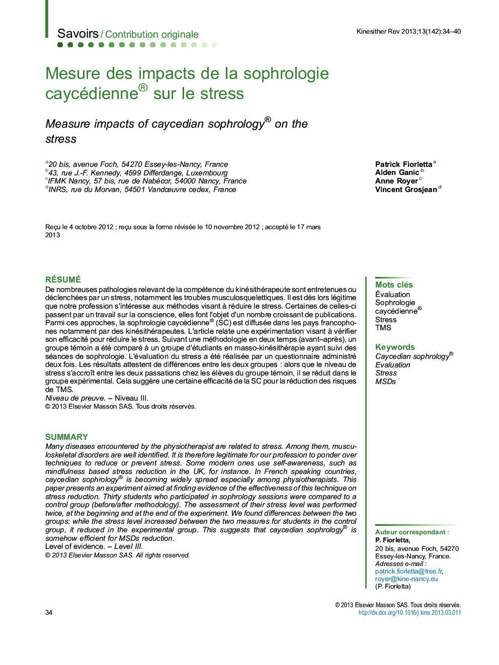 Mesure des impacts de la sophrologie caycédienne® sur le stress