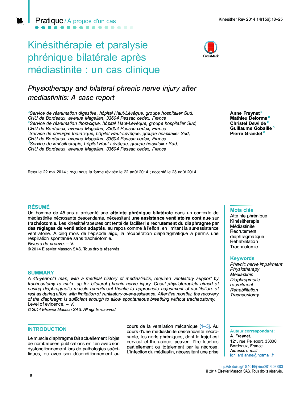 Kinésithérapie et paralysie phrénique bilatérale après médiastinite : un cas clinique