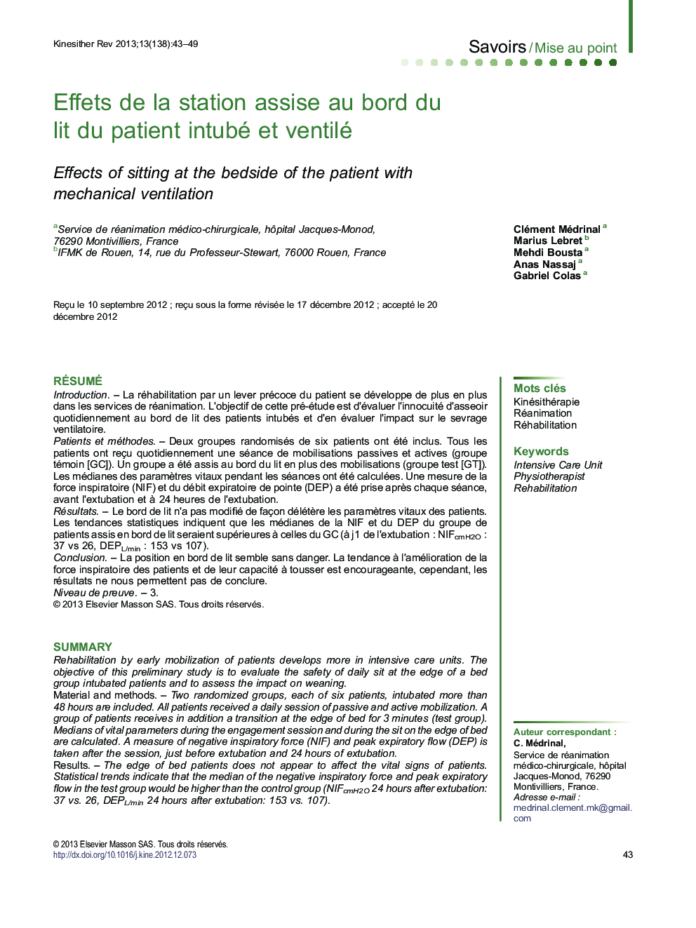 Effets de la station assise au bord du lit du patient intubé et ventilé